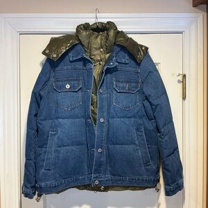NWOT SACAI Men's Blue Denim Puffer Jacket with Green Lining, Size 3 = L